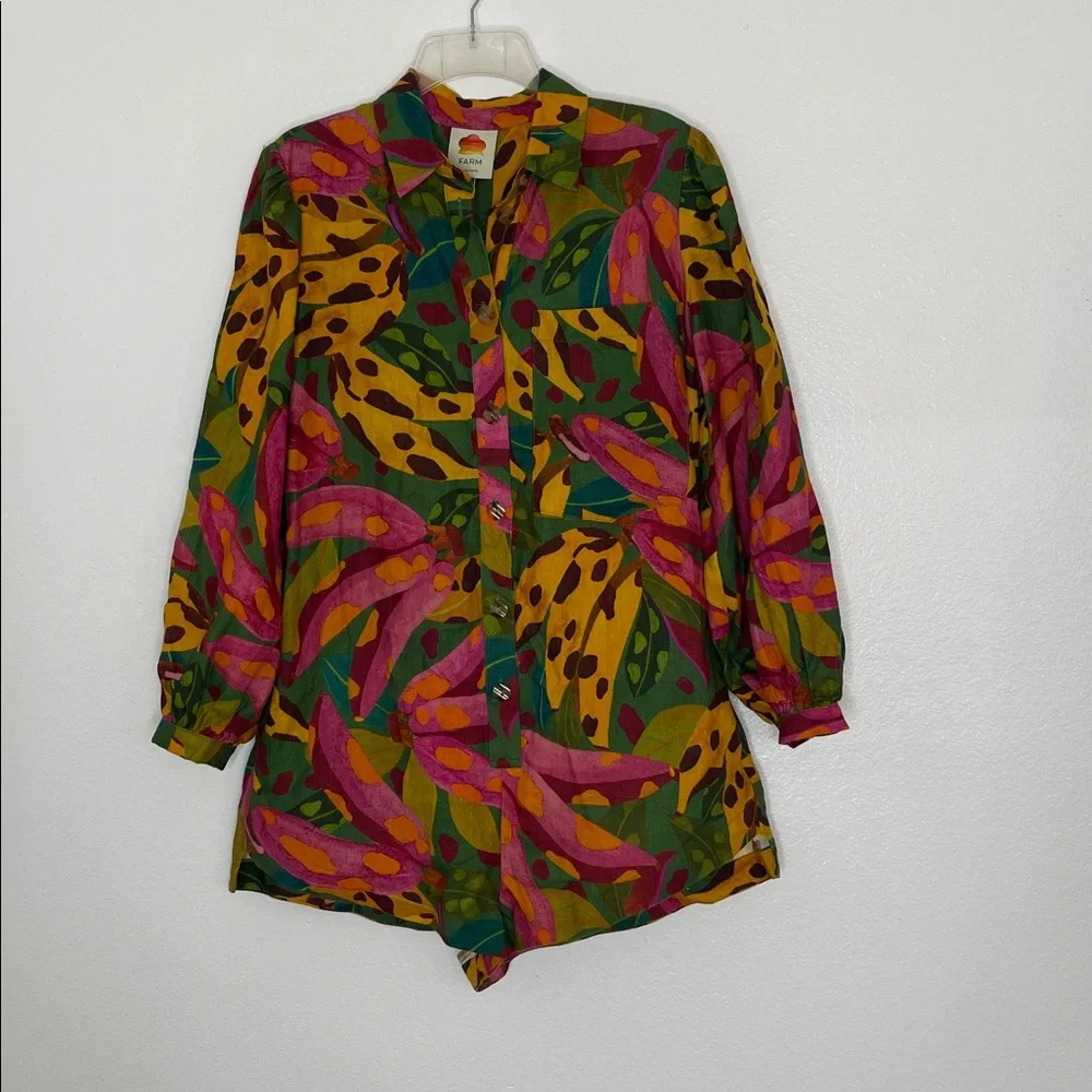 FARM Rio Multicolor Banana Long Sleeve Linen Shorts Jumpsuit Size Small - Picture 2 of 9